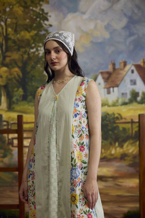 Meadow pista green panelled floral dress