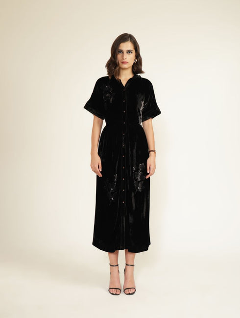 Meadows black drop shoulder discharge print dress