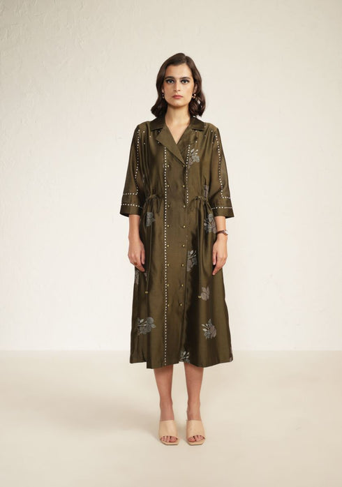 Meadows olive side gather shirt dress