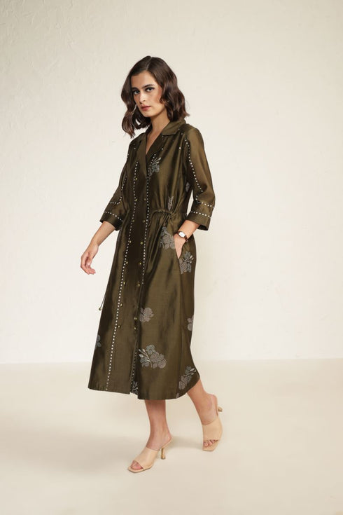 Meadows olive side gather shirt dress