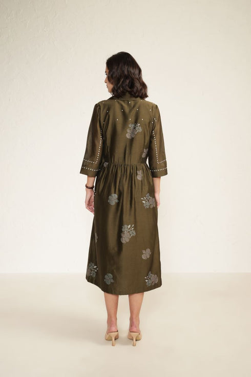 Meadows olive side gather shirt dress