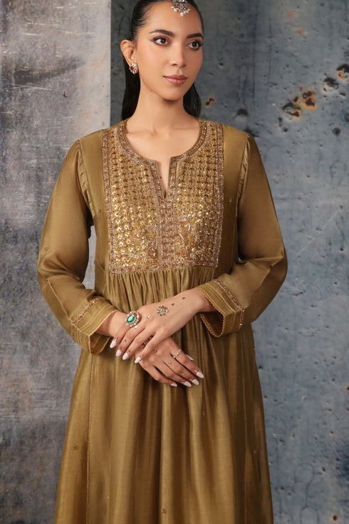 Mehrang olive green frockstyle kurta set