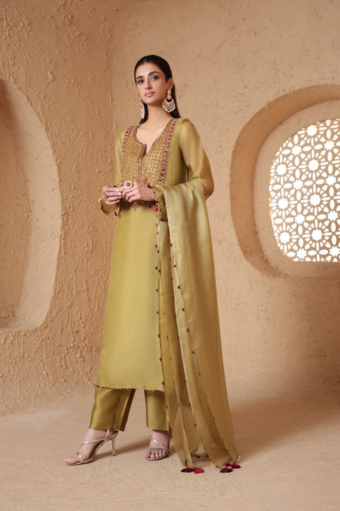 Mehrang olive green heavy neck kurta set