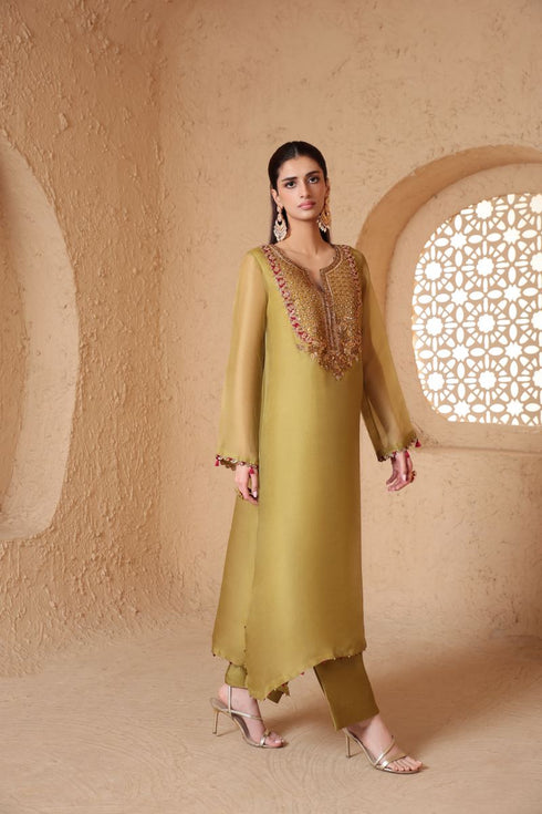 Mehrang olive green heavy neck kurta set