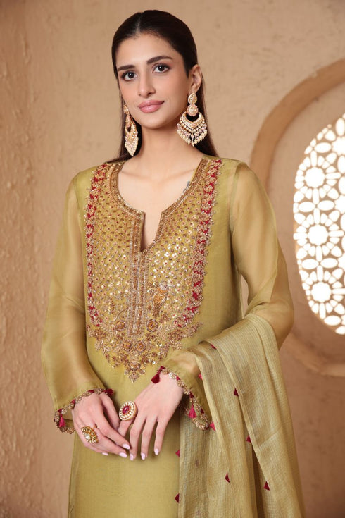 Mehrang olive green heavy neck kurta set