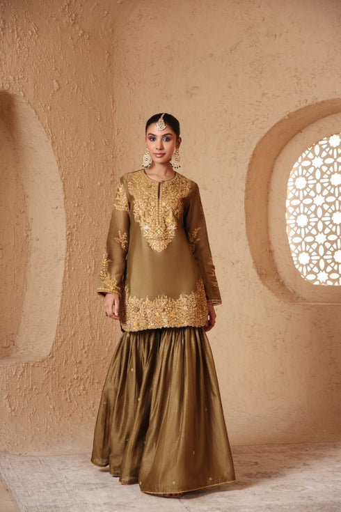 Mehrang olive green heavy sharara set
