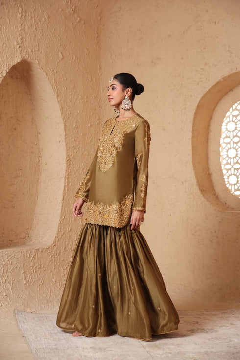 Mehrang olive green heavy sharara set