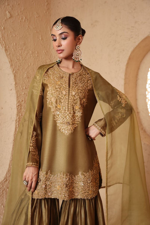 Mehrang olive green heavy sharara set