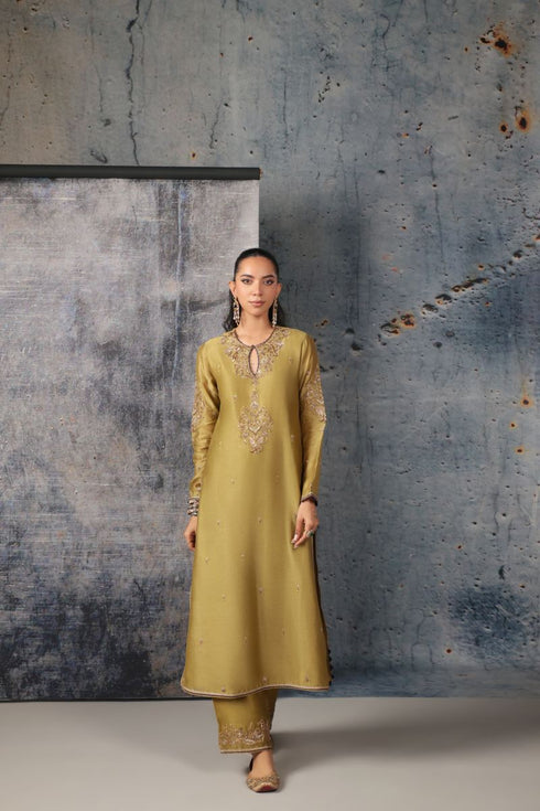 Mehrang olive green straight long kurta set