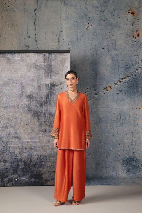Mehrang orange V neck short kurta set
