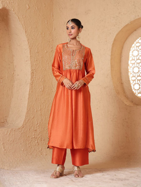 Mehrang orange frockstyle kurta set