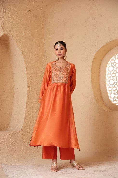 Mehrang orange frockstyle kurta set