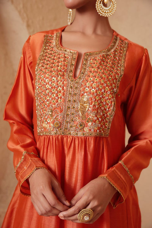 Mehrang orange frockstyle kurta set