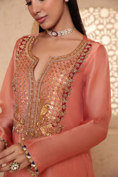 Mehrang peach heavy neck kurta set