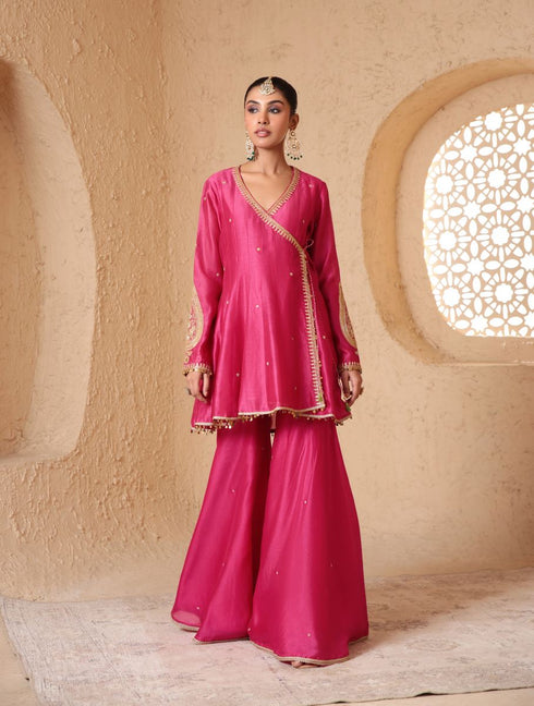 Mehrang pink angrakha sharara set