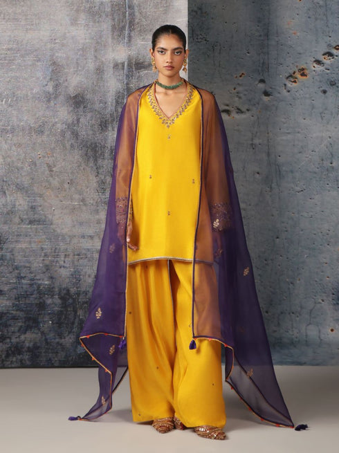 Mehrang yellow V neck short kurta set