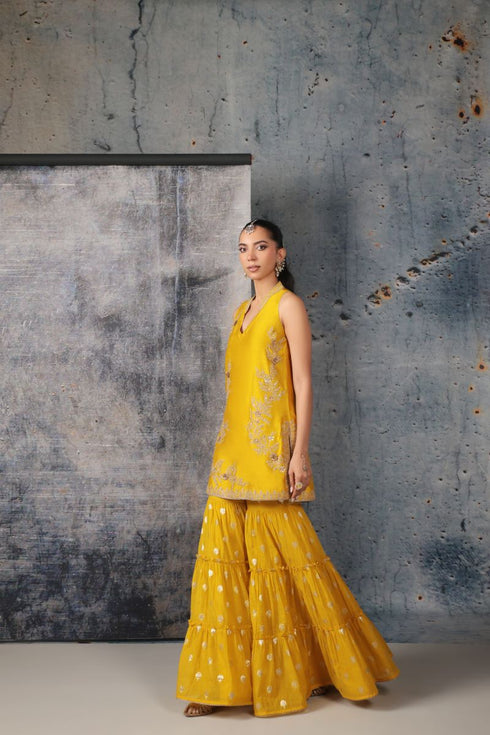 Mehrang yellow sleeveless sharara set