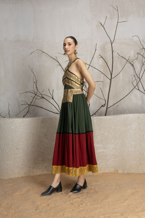 Military green kala cotton embroidered dress