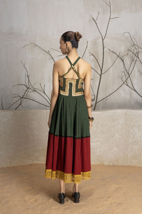 Military green kala cotton embroidered dress