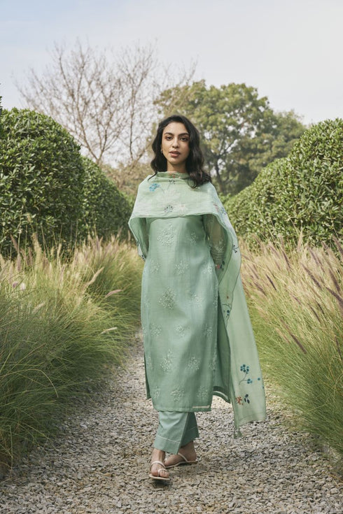 Mint floral embroidered kurta set