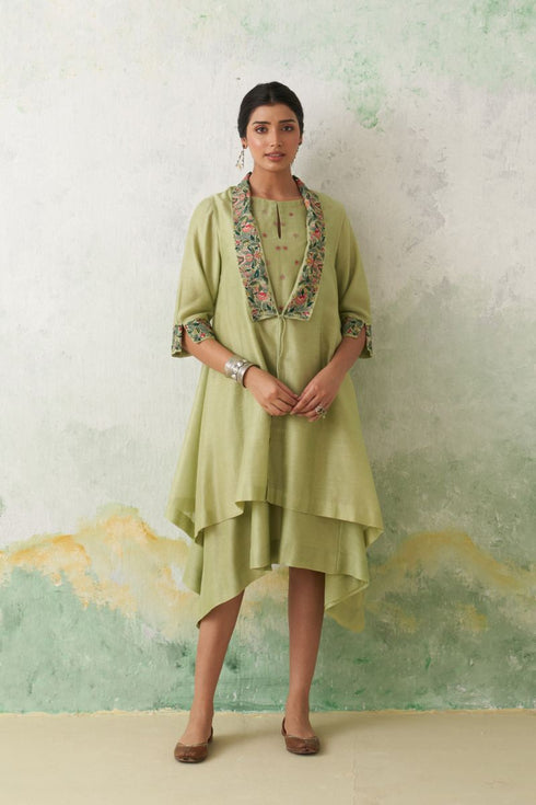 Mint green chanderi kashmiri embroidered cape and dress set