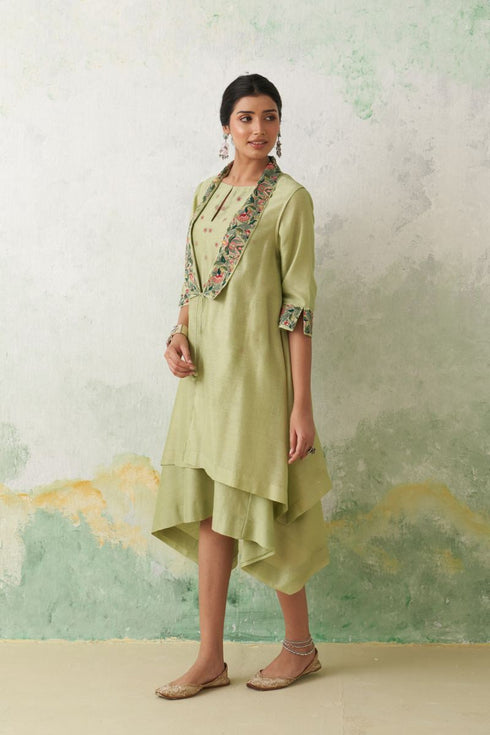 Mint green chanderi kashmiri embroidered cape and dress set