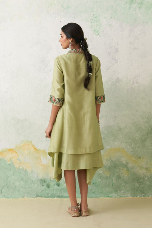 Mint green chanderi kashmiri embroidered cape and dress set