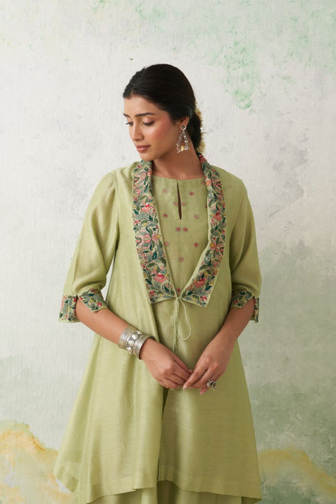 Mint green chanderi kashmiri embroidered cape and dress set