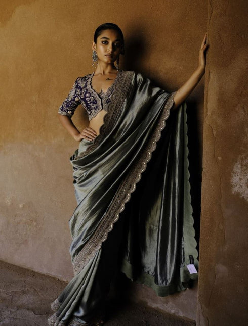 Mint sari with purple blouse