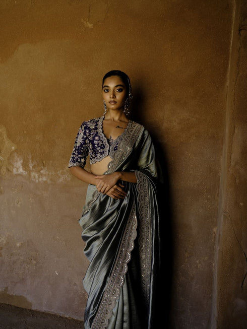 Mint sari with purple blouse