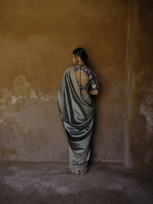 Mint sari with purple blouse