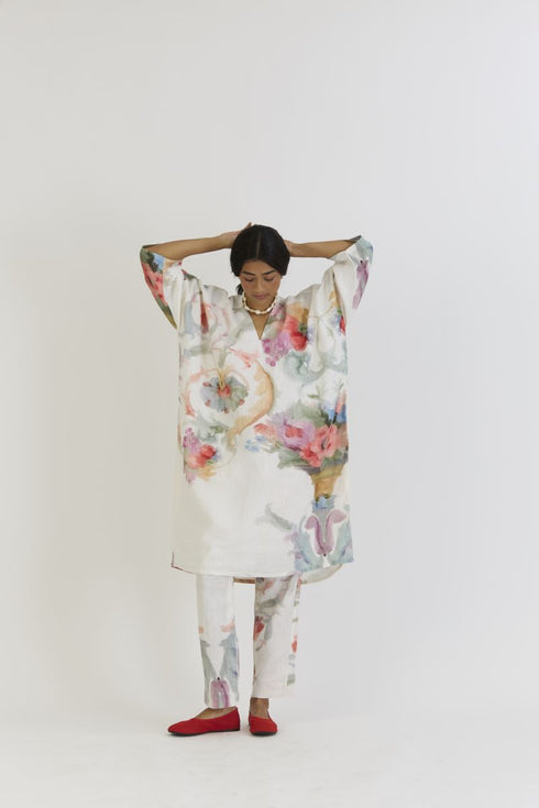 Morello white linen kaftan kurta set