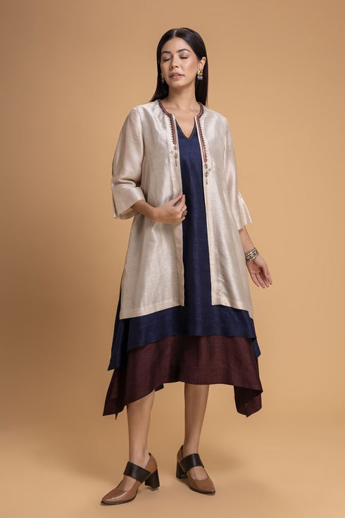 Mosiac ivory and dark blue layered dress