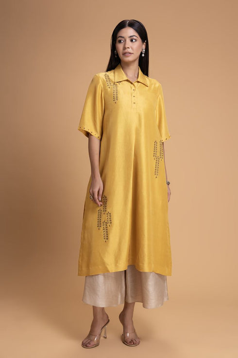 Mosiac yellow embroidered kurta set