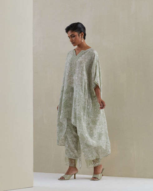 Moss crushed embroidered yoke kaftan set