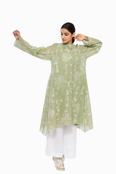 Moss green cutwork embroidered handloom cotton tunic