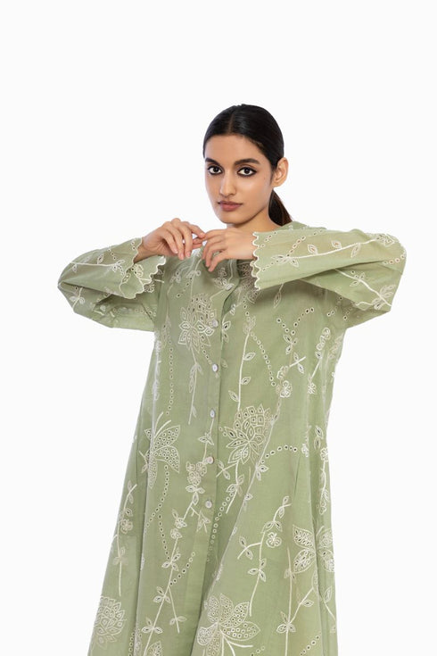 Moss green cutwork embroidered handloom cotton tunic
