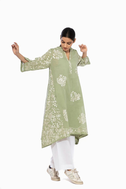 Moss green thread embroidered handloom cotton kurta