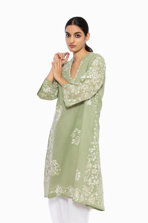 Moss green thread embroidered handloom cotton kurta