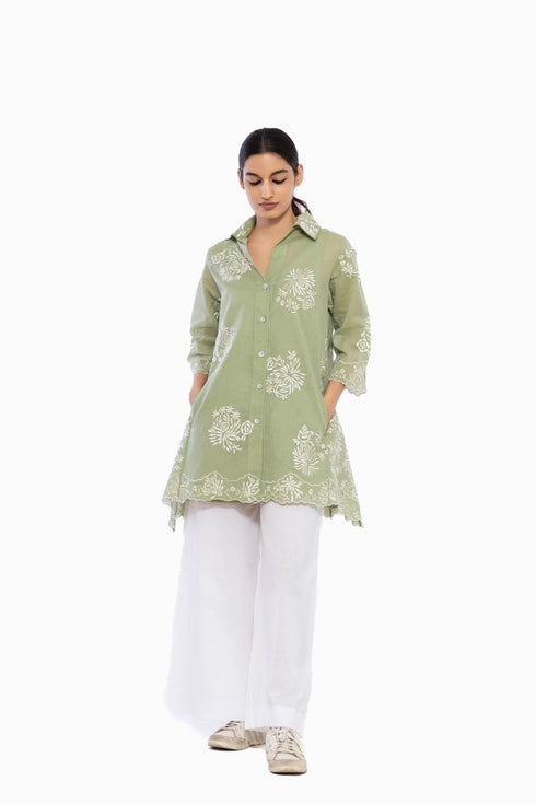 Moss green thread embroidered handloom cotton top