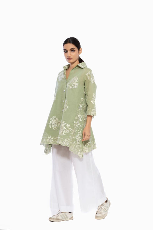 Moss green thread embroidered handloom cotton top