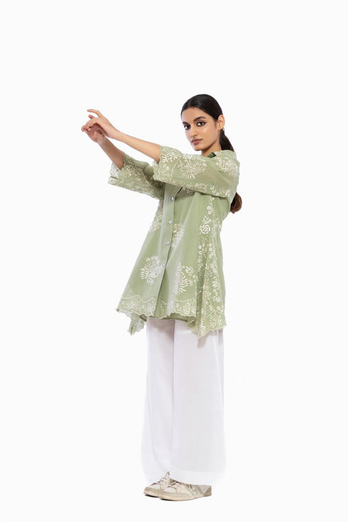Moss green thread embroidered handloom cotton top