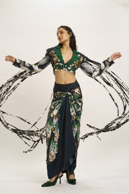 Multi color crop jacket with knotted skirt