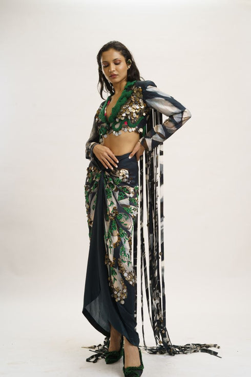 Multi color crop jacket with knotted skirt