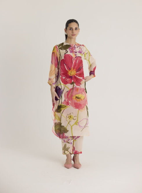 Multi color dolly white crepe long kurta set