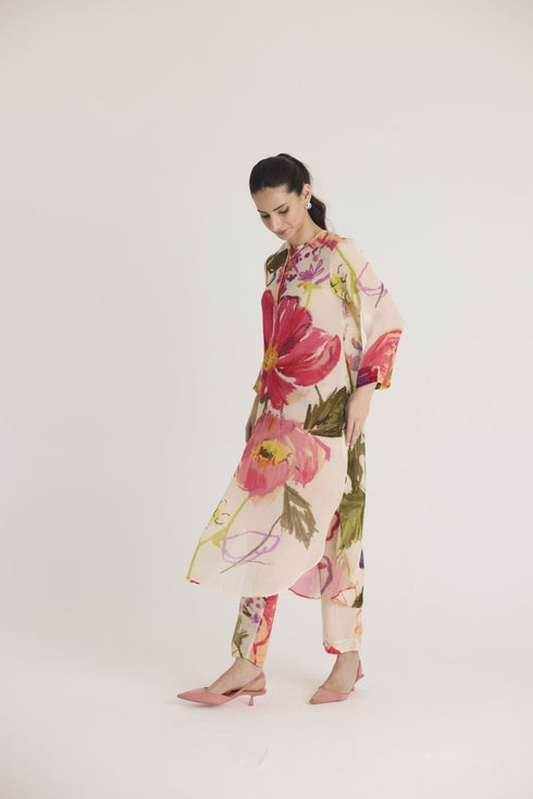 Multi color dolly white crepe long kurta set