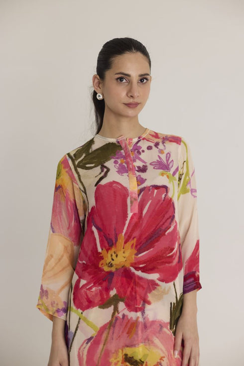 Multi color dolly white crepe long kurta set