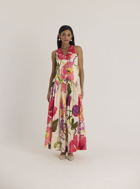 Multi color dolly white waistcoat and skirt set