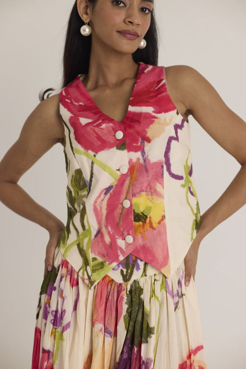 Multi color dolly white waistcoat and skirt set