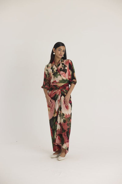 Multi color scarlett tie-up top & skirt set